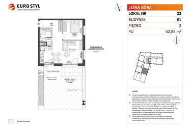 Rzut - Mieszkanie na sprzedaż 2 pokoje o powierzchni 42,85 m² - numer 22 w Leśna Góra