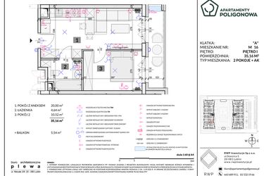 Rzut - Mieszkanie na sprzedaż 2 pokoje o powierzchni 35,16 m² - numer 16 w Apartamenty Poligonowa etap 5