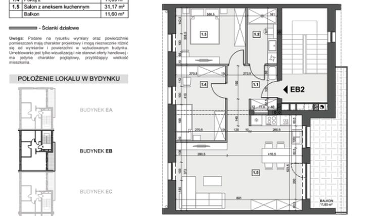 Rzut - Mieszkanie na sprzedaż 3 pokoje o powierzchni 66,56 m² - numer EB2 w Wzgórze Zelwerowicza