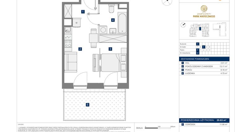 Rzut - Mieszkanie na sprzedaż 2 pokoje o powierzchni 29,63 m² - numer H32 w Apartamenty Park Matecznego Etap 2.2