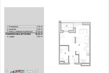 Rzut - Mieszkanie na sprzedaż 1 pokój o powierzchni 36,42 m² - numer H1-A-4-3 w Heyki City