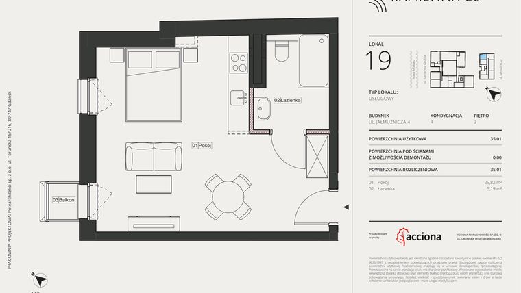 Rzut - Mieszkanie na sprzedaż 1 pokój o powierzchni 35,01 m² - numer 4.19 w Kamienna 28 - apartamenty inwestycyjne
