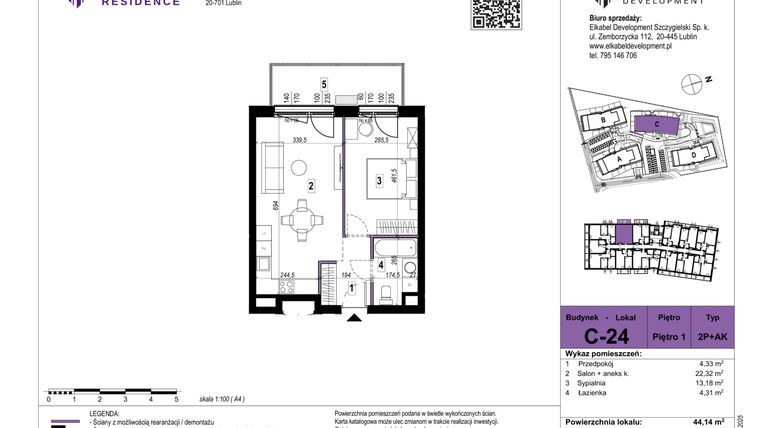 Rzut - Mieszkanie na sprzedaż 2 pokoje o powierzchni 44,14 m² - numer C-24 w Szerokie Residence
