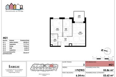 Rzut - Mieszkanie na sprzedaż 3 pokoje o powierzchni 53,62 m² - numer M21 w Kamieniczki za Strugą