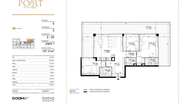Rzut - Mieszkanie na sprzedaż 4 pokoje o powierzchni 107,31 m² - numer E-9 w Warmiński Port etap II