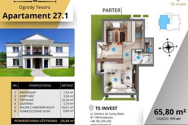Rzut - Mieszkanie na sprzedaż 2 pokoje o powierzchni 65,93 m² - numer 27.1. w Ogrody Tesoro VI