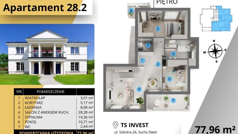 Rzut - Mieszkanie na sprzedaż 3 pokoje o powierzchni 77,76 m² - numer 28.2. w Ogrody Tesoro VI
