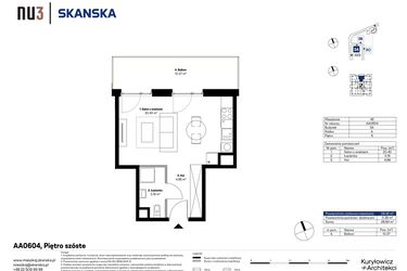Rzut - Mieszkanie na sprzedaż 1 pokój o powierzchni 28,45 m² - numer AA0604 w NU3 Warszawa Wola
