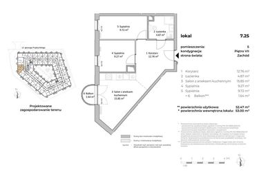 Rzut - Mieszkanie na sprzedaż 3 pokoje o powierzchni 52,56 m² - numer 7.25 w OVAL SKY