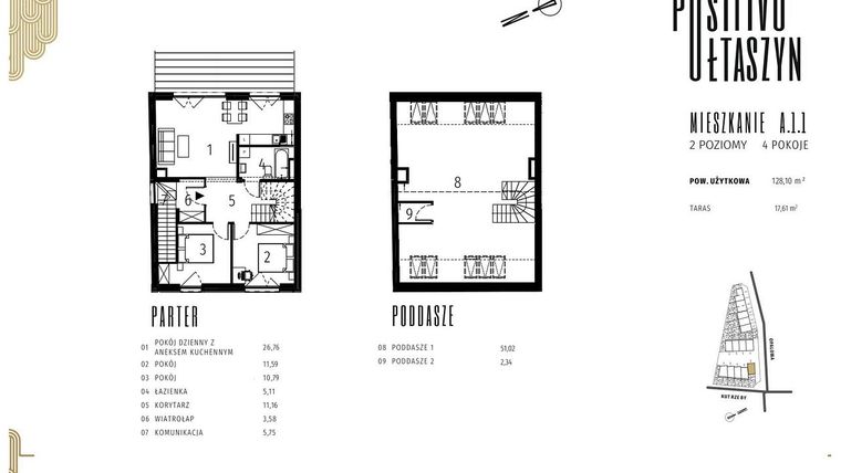 Rzut - Mieszkanie na sprzedaż 5 pokoi o powierzchni 128,1 m² - numer A.1.1 w Positivo Ołtaszyn