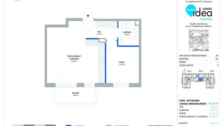 Rzut - Mieszkanie na sprzedaż 2 pokoje o powierzchni 47,38 m² - numer 6A/30 w Osiedle Idea Aquarius
