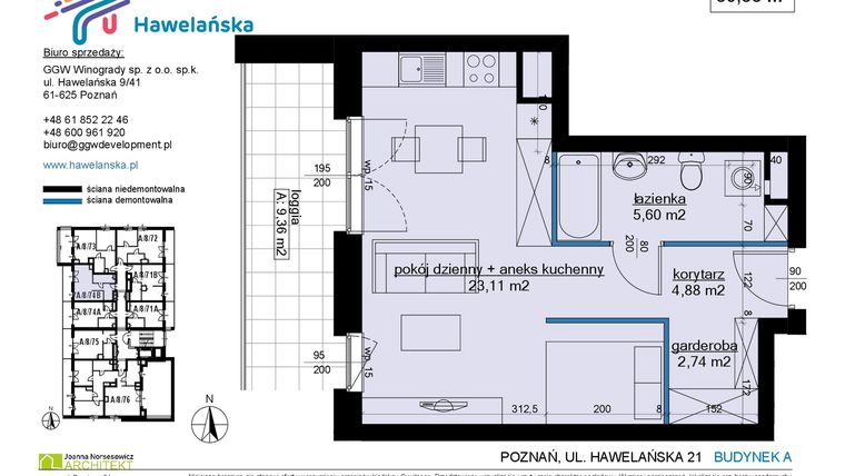 Rzut - Mieszkanie na sprzedaż 1 pokój o powierzchni 36,36 m² - numer A/8/74B w Osiedle Hawelańska etap III - bud. A
