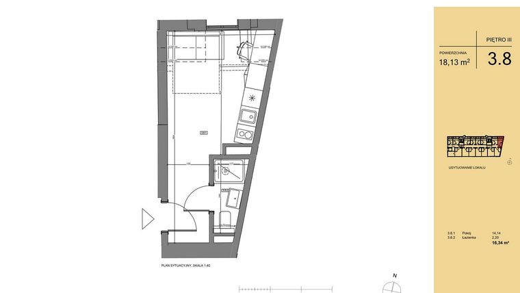 Rzut - Mieszkanie na sprzedaż 1 pokój o powierzchni 16,45 m² - numer 3.8 w Rezydencja San Petrus