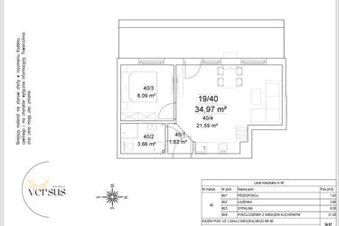 Rzut - Mieszkanie na sprzedaż 2 pokoje o powierzchni 34,97 m² - numer 19/40 w Osiedle Versus etap II