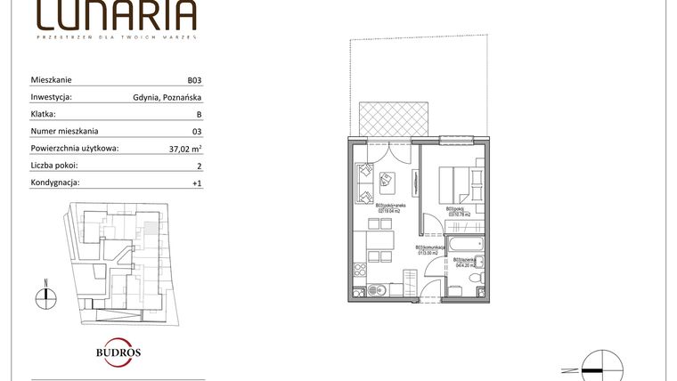 Rzut - Mieszkanie na sprzedaż 2 pokoje o powierzchni 36,91 m² - numer B03 w Lunaria