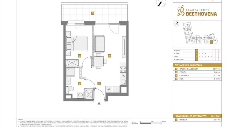 Rzut - Mieszkanie na sprzedaż 2 pokoje o powierzchni 35,4 m² - numer A2 w Apartamenty Beethovena