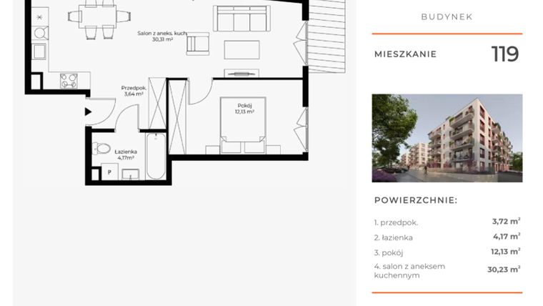 Rzut - Mieszkanie na sprzedaż 2 pokoje o powierzchni 50,25 m² - numer 119 w Mikusińskiego 25