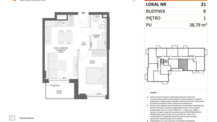 Rzut - Mieszkanie na sprzedaż 2 pokoje o powierzchni 38,79 m² - numer B21 w Osiedle Orzechowa