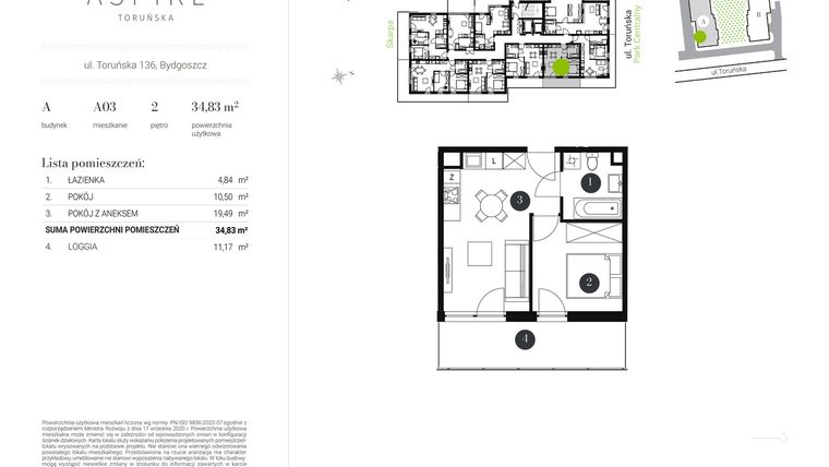 Rzut - Mieszkanie na sprzedaż 2 pokoje o powierzchni 34,83 m² - numer A.3 w Aspire