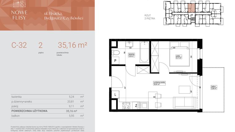 Rzut - Mieszkanie na sprzedaż 2 pokoje o powierzchni 35,16 m² - numer M32_NF.c w Nowe Flisy II