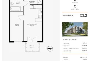 Rzut - Mieszkanie na sprzedaż 2 pokoje o powierzchni 42,74 m² - numer C2.2 w Enklawa Bukowa II