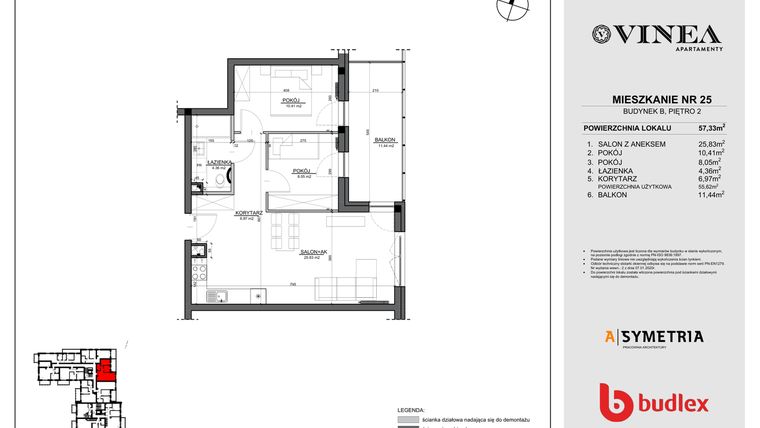 Rzut - Mieszkanie na sprzedaż 3 pokoje o powierzchni 57,33 m² - numer 25 w Apartamenty Vinea