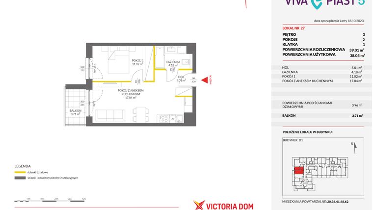 Rzut - Mieszkanie na sprzedaż 2 pokoje o powierzchni 38,98 m² - numer A.27 w Viva Piast 5