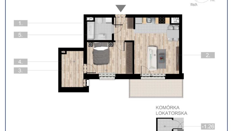 Rzut - Mieszkanie na sprzedaż 2 pokoje o powierzchni 47,06 m² - numer 50 w Szczytno Dąbrowskiego - etap 3