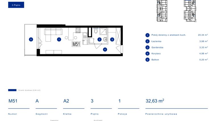 Rzut - Mieszkanie na sprzedaż 1 pokój o powierzchni 32,63 m² - numer 51A w Przy Bursztynowej