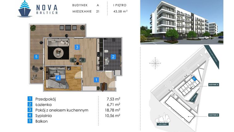 Rzut - Mieszkanie na sprzedaż 2 pokoje o powierzchni 43,58 m² - numer A21 w Nova Baltica Mieszkania Kołobrzeg