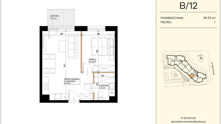 Rzut - Mieszkanie na sprzedaż 2 pokoje o powierzchni 38,55 m² - numer WA2/B/12 w Waniliowa