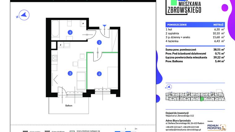 Rzut - Mieszkanie na sprzedaż 2 pokoje o powierzchni 39,22 m² - numer 16 w Mieszkania Zbrowskiego