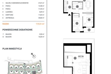 Rzut - Mieszkanie na sprzedaż 3 pokoje o powierzchni 119,51 m² - numer 12G.6 w Wille Miejskie Lekcyjna