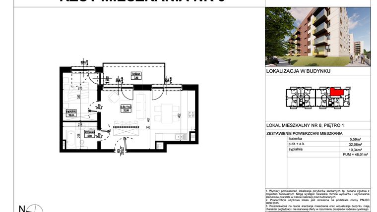 Rzut - Mieszkanie na sprzedaż 2 pokoje o powierzchni 48,01 m² - numer A.8 w Wólczańska 248 - etap II