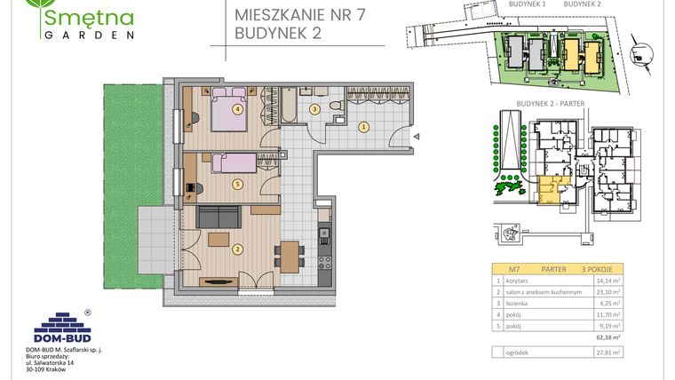 Rzut - Mieszkanie na sprzedaż 3 pokoje o powierzchni 62,38 m² - numer 7 w Smętna Garden