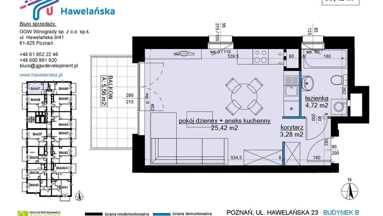 Rzut - Mieszkanie na sprzedaż 1 pokój o powierzchni 33,42 m² - numer B/4/47 w Osiedle Hawelańska etap III - bud. B