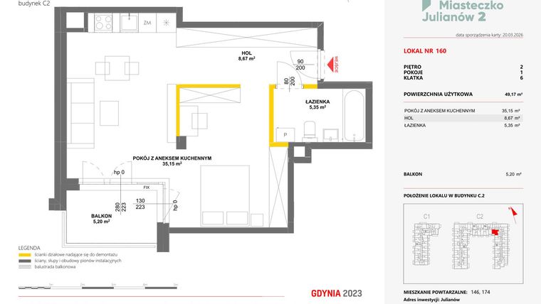 Rzut - Mieszkanie na sprzedaż 1 pokój o powierzchni 49,17 m² - numer 160 w Miasteczko Julianów etap 2