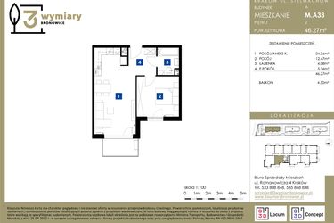 Rzut - Mieszkanie na sprzedaż 2 pokoje o powierzchni 46,27 m² - numer M.A33 w 3 Wymiary Bronowice