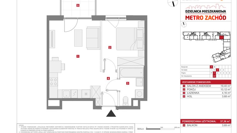 Rzut - Mieszkanie na sprzedaż 2 pokoje o powierzchni 37,36 m² - numer 13.1.A.67 w Dzielnica Mieszkaniowa Metro Zachód - etap 13