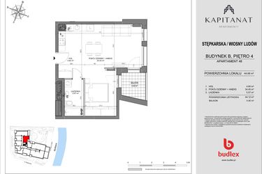 Rzut - Mieszkanie na sprzedaż 2 pokoje o powierzchni 44,68 m² - numer 48.B w Kapitanat Apartamenty