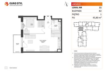 Rzut - Mieszkanie na sprzedaż 2 pokoje o powierzchni 45,8 m² - numer 11 w Locus 2 bud. B2