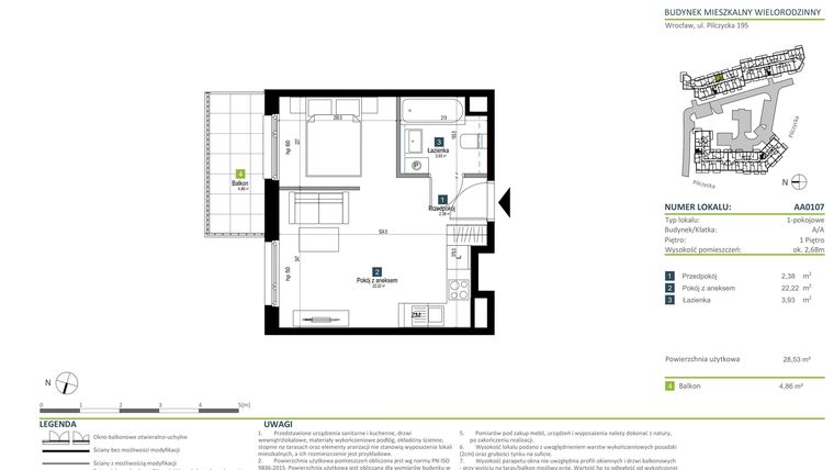 Rzut - Mieszkanie na sprzedaż 1 pokój o powierzchni 28,53 m² - numer AA0107 w Pilczycka Vita