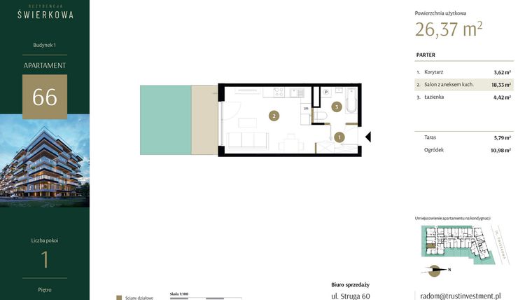 Rzut - Mieszkanie na sprzedaż 1 pokój o powierzchni 26,37 m² - numer 66 w Rezydencja Świerkowa