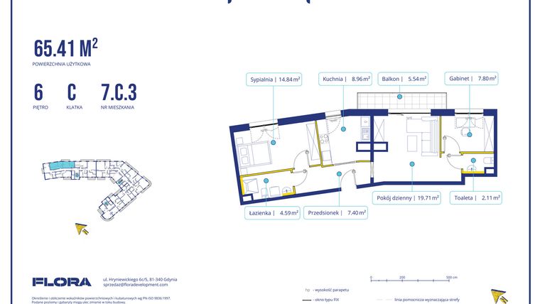 Rzut - Mieszkanie na sprzedaż 3 pokoje o powierzchni 65,41 m² - numer 7.C.3 w Piotra 4
