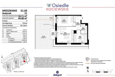Rzut - Mieszkanie na sprzedaż 3 pokoje o powierzchni 49,08 m² - numer E1.02 w Osiedle Kociewskie bud. E