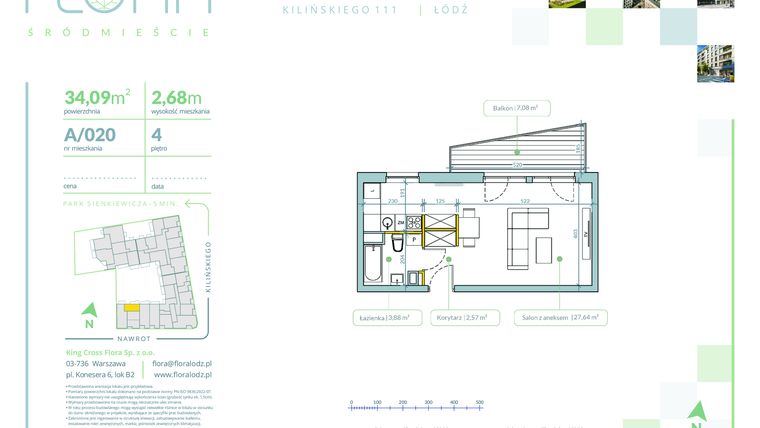 Rzut - Mieszkanie na sprzedaż 1 pokój o powierzchni 34,09 m² - numer A.20 w Flora Śródmieście