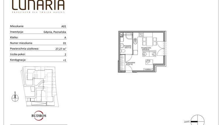 Rzut - Mieszkanie na sprzedaż 1 pokój o powierzchni 27,27 m² - numer A01 w Lunaria