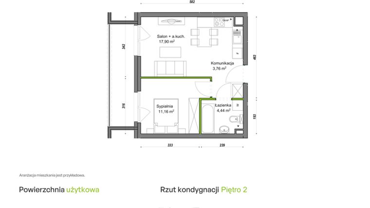 Rzut - Mieszkanie na sprzedaż 2 pokoje o powierzchni 37,26 m² - numer C1/A/08 w Orawska Vita