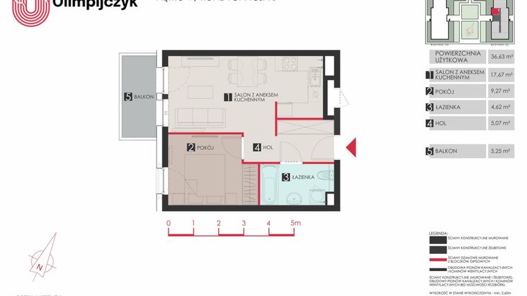 Rzut - Mieszkanie na sprzedaż 2 pokoje o powierzchni 36,63 m² - numer C55 w Osiedle Olimpijczyk II etap
