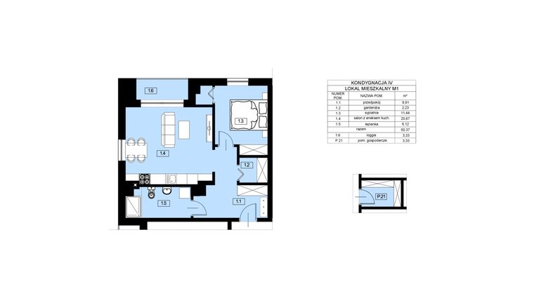 Rzut - Mieszkanie na sprzedaż 2 pokoje o powierzchni 50,37 m² - numer M1 w Nowy Świat 22